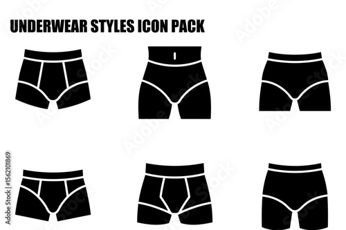 Underwear styles, various silhouettes, diverse men's and women's designs, flat icon illustrations, no background.