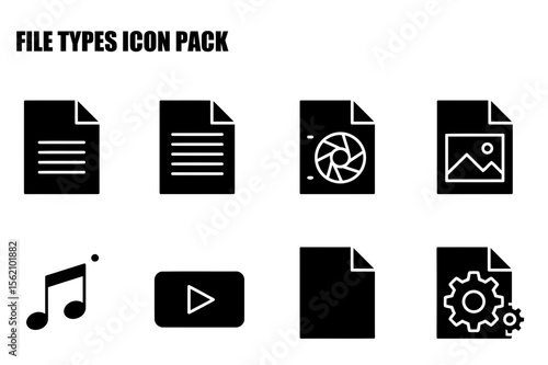 Flat icons representing various file types in a simple, modern style. Solid black shapes representing document, image, audio, video, and program files against a white background.