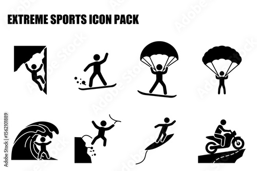 Extreme sports icons depicting various activities. Male action figures engaged in activities like rock climbing, snowboarding, paragliding, surfing, cliff jumping, and motorcycle riding.