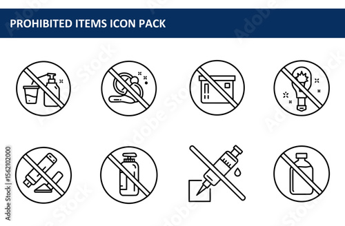 Prohibited items icons depicting various objects with a no symbol.