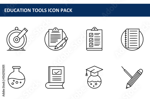 Line art icons of various educational tools. Simple black and white icons set against a white background depicting a selection of educational tools for a school or educational institution.