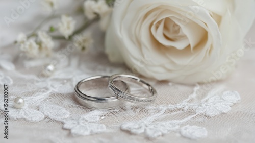 The Elegant Silver Wedding Rings Surrounded by a Beautiful White Rose