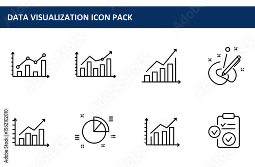 Data visualization icons for business presentations/reports. Simple line art graphs, charts, and data analysis tools in a professional, clean design.