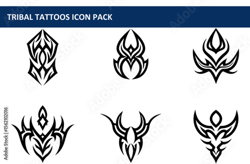 Tribal tattoo designs for various body art applications. Stylish, symmetrical patterns in black and white.