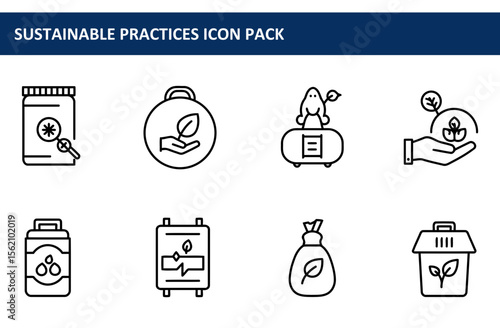 Sustainable practices icon set for environmental awareness. Simple, black-and-white icons depict various eco-friendly actions, suitable for educational or promotional materials.