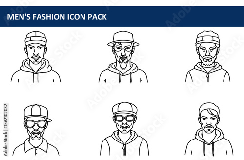 Men's fashion icons in various headwear and outerwear. Portraits of diverse men in casual outfits against a plain background.