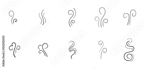 Hand-drawn steam and smoke icons including aroma waves. heat swirls. cooking vapor. scent. stink. and doodle-style fumes. 