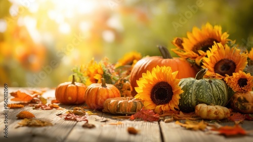 The vibrant autumn display of pumpkins and sunflowers on a rustic wooden table