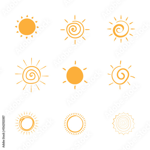 Collection of hand drawn sun icons including sunrise. sunset. and shining rays. 