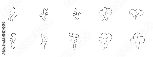 Hand-drawn steam and smoke icons including aroma waves. heat swirls. cooking vapor. scent. stink. and doodle-style fumes. Perfect for food. coffee. incense. hookah. and vapor-related design projects.