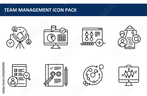 Team management icons in a digital workspace. Collection of line art icons depicting various aspects of team management, including data visualization, project planning, and workflow.