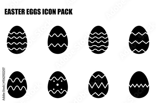 Easter egg icons in various decorative patterns. Solid black shapes of eggs with different designs.