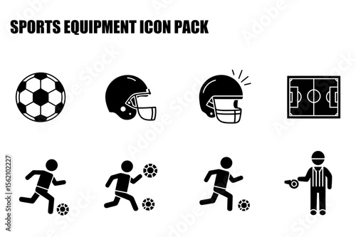 Sports equipment icons for various sports, featuring football, American football, soccer field, players, and a referee.