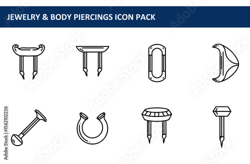 Line art illustrations of various jewelry and body piercing tools. Simple, decorative shapes representing different piercing styles.