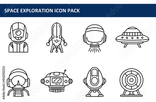 Space exploration icons in a line art style, depicting various vehicles and equipment in a clean, minimalist design.