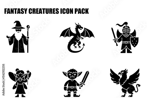 Fantasy creature icons featuring a wizard, dragon, knight, fairy, elf, and griffin in a simple, stylized design. Silhouette icons of fantasy creatures in a white background.