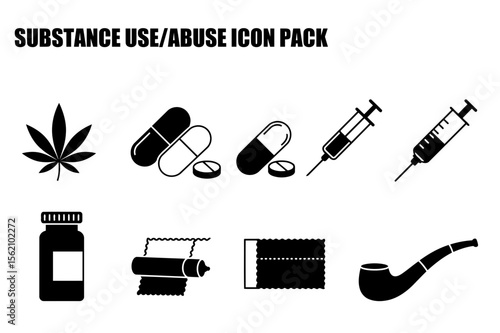 Substance use/abuse icon pack. various drug paraphernalia, displayed in a simple, graphic format.