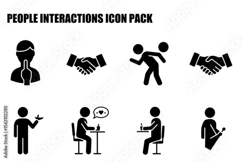 Diverse people in various professional settings engaged in different interactions. Simple figures show quiet contemplation, professional agreements, and casual dining.