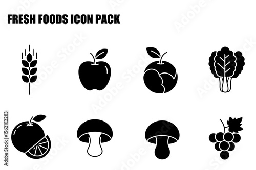 Fresh food icons featuring wheat, apple, orange slice, chard, mushroom, and grapes. Simple black and white vector icons for use in a variety of applications.