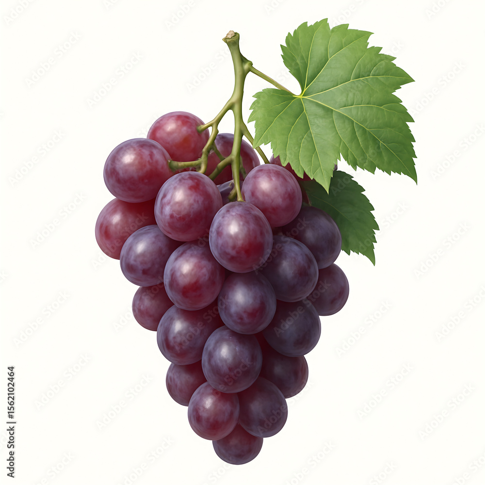 Fototapeta premium Purple Grapes Cluster with Leaves Isolated on White