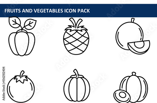 Black and white line drawings of various fruits and vegetables. Simple outlines of bell peppers, pineapples, cantaloupes, tomatoes, and pumpkins.