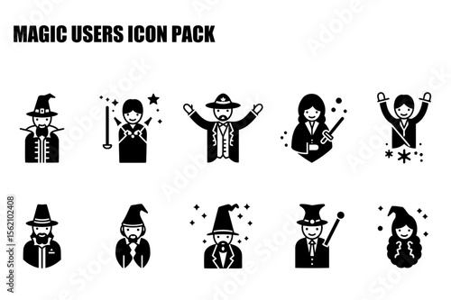 Magic users icon pack depicting various characters in fantasy attire performing magic.