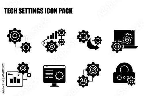 Black and white gear icons depicting various technical settings and operations. Collection of system, data, and security icons set against a plain white background.