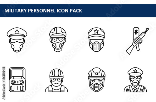 Military personnel icons in various roles and equipment. Outlined figures of soldiers, military personnel, and related equipment against a plain white background.