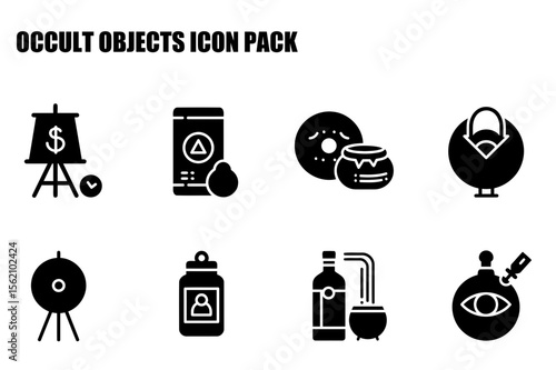 Occult objects icon pack showing various items in a flat design.