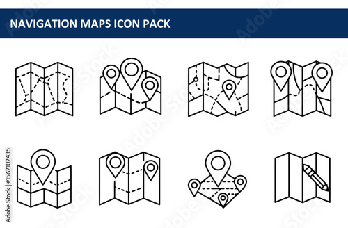 Navigation maps icon pack showing various layouts of unfolded maps with location markers. Simple line art style icons of maps with markers for use in navigational apps, websites or design projects.