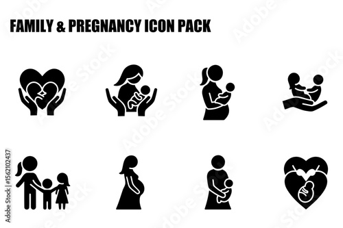 Family icons depicting various stages of pregnancy and parenting. Simple, stylized figures of pregnant women, mothers holding babies, and families with children, displayed on a white background.