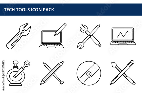 Tech tools icon pack depicting diverse tools for a general audience. Line art style illustrating tools and equipment in a simple, flat design.