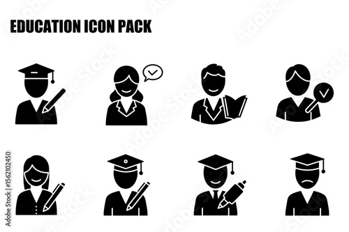 Education icon pack featuring diverse professionals in various actions. Educators and students in formalwear, holding books or marking assignments in a classroom setting.