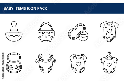Baby items outline illustrations for a baby shop in a variety of styles, from bibs to onesies, rattles, and more. Simple line drawings of baby essentials against a white background.