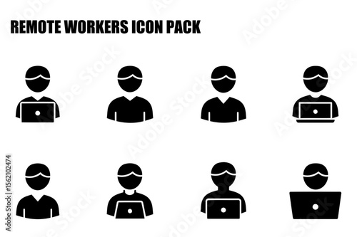 Remote worker icons in various poses with laptops. Simple, stylized male figures in casual attire working from home.