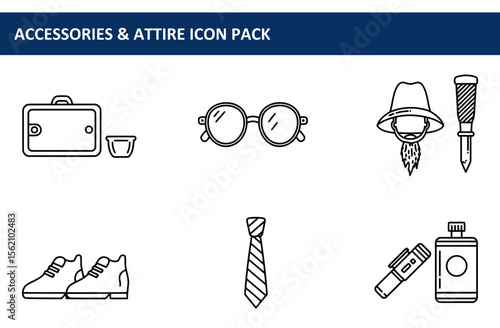 Line art icons depicting various accessories and attire items.
