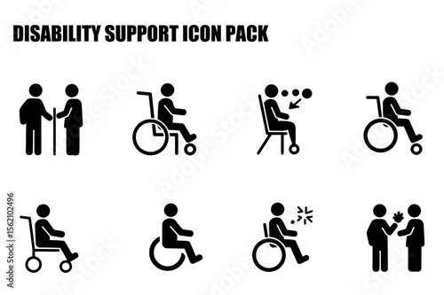 Disability support icons depicting various scenarios with a general demographic in a neutral setting. Individuals using wheelchairs and assistive aids with support personnel in various actions.
