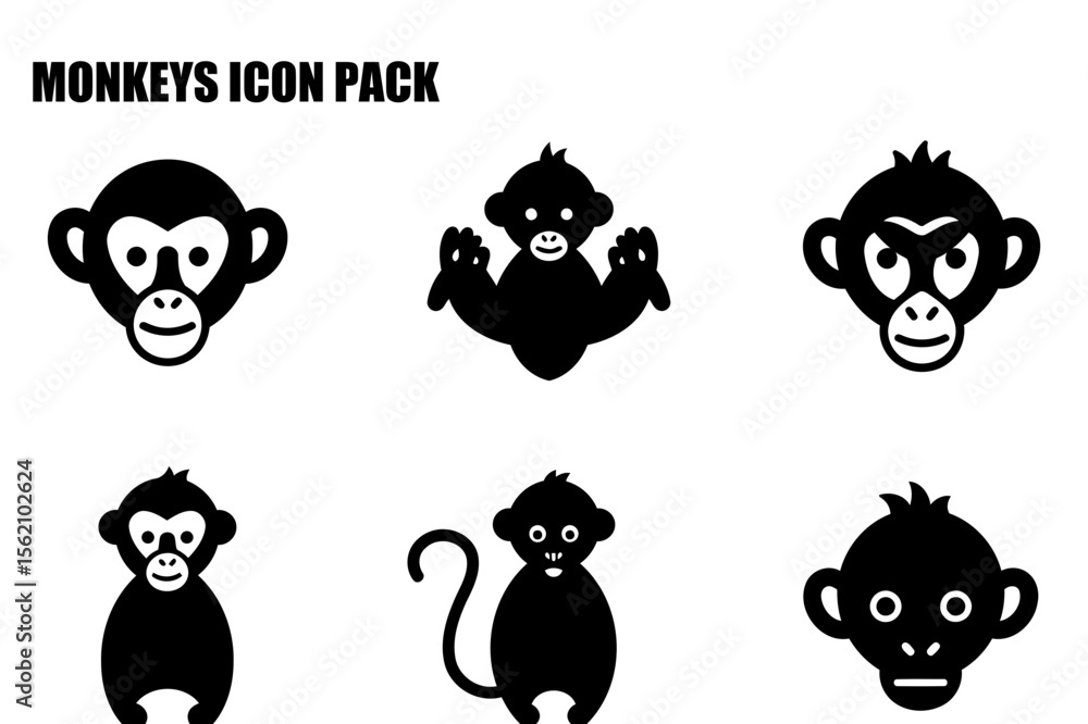 Obraz premium Monkey icons in various poses against a plain white background. Simple, stylized depictions of monkeys in different actions for use in design.