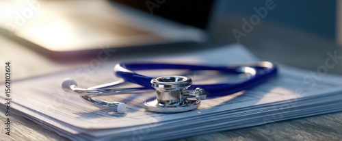 The stethoscope resting on medical paperwork in a healthcare setting.