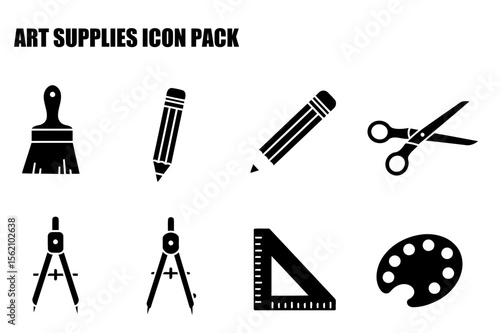 Art supplies icons in black and white. Simple graphic representations of painting brush, pencil, scissors, compasses, ruler, and a palette.