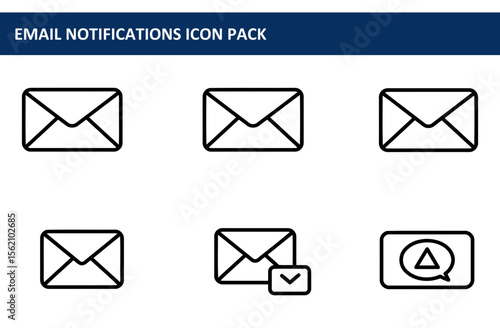 Email notification icons set with various statuses. Simple black line icons of email envelopes in different states, displayed against a plain white background.