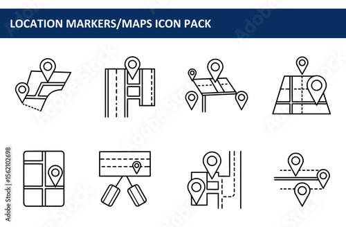 Location markers/maps icon pack showing various map views with location pins. Simple, clear, and illustrative graphical representations for use in apps, websites, or presentations.