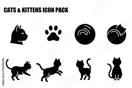 Cats and kittens icon set in various poses and actions. Simple, black and white silhouette illustrations of cats, paw prints, and toys.