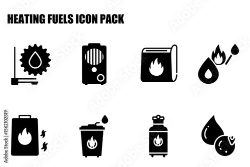 Heating Fuels Icon Pack. Black and white icons depicting various heating fuel types, including oil, wood, gas, and other fuels.