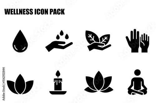 Wellness icon pack featuring various elements representing water, leaves, hands, a candle, lotus flower, and a seated figure. Icons for a spa, wellness center or health app design.