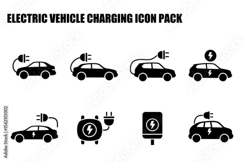 Electric vehicle charging icons in various charging configurations. Simple, illustrative icons of vehicles with charging cables and charging stations.