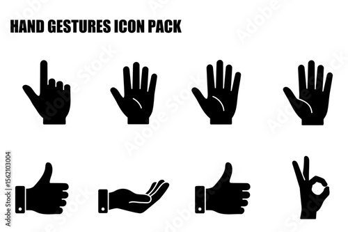 Hand gestures icon set displayed against a white background. Simple, graphic hand signals for pointing, open palm, thumbs up, okay sign, and more.