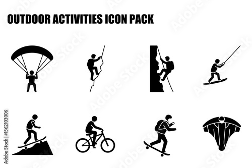 Outdoor adventure activities for diverse demographics displayed in an icon set.