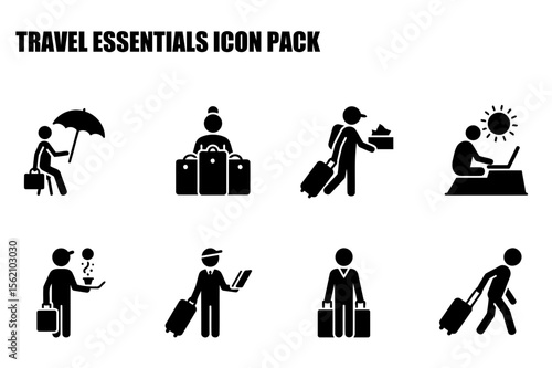 Travel essentials icon pack showing diverse people with luggage/items in various travel situations. People with different actions and settings in a travel context.