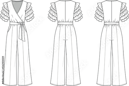 Wide leg jumpsuit with layered ruffle sleeves, belted waist, technical fashion flat sketch, front and back view, cad illustration